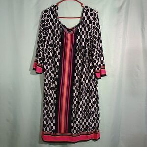 Geometric Print Dress Women – Black White Pink Shift Dress 3/4 Sleeve